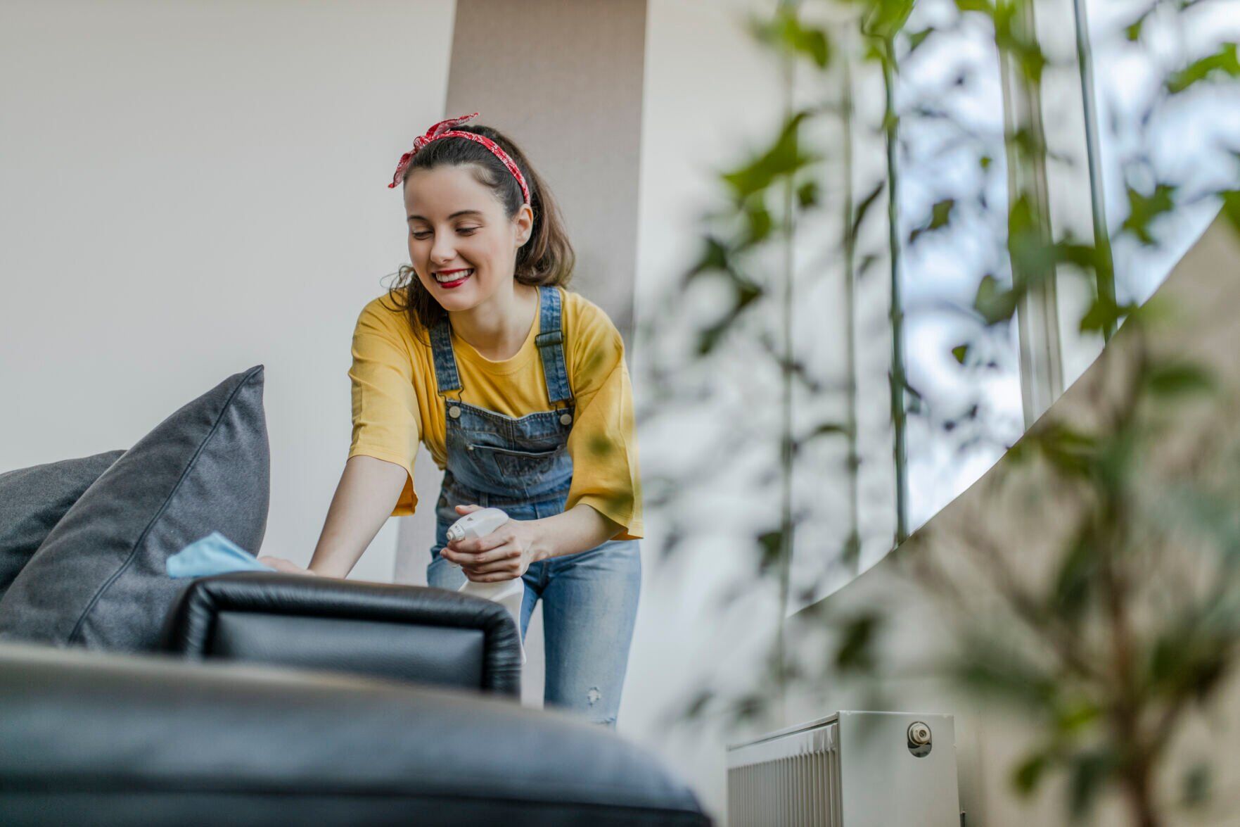 Woman wiping dust from sofa and other furniture in living room